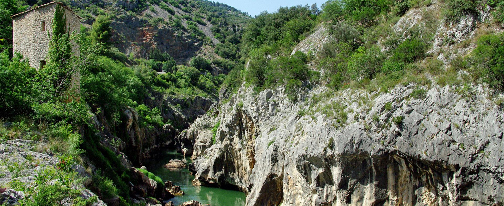 Terrasse avec vue sur la piscine du restaurant de l'hostellerie Saint-Benoit à Saint-Guilhem_le_désert